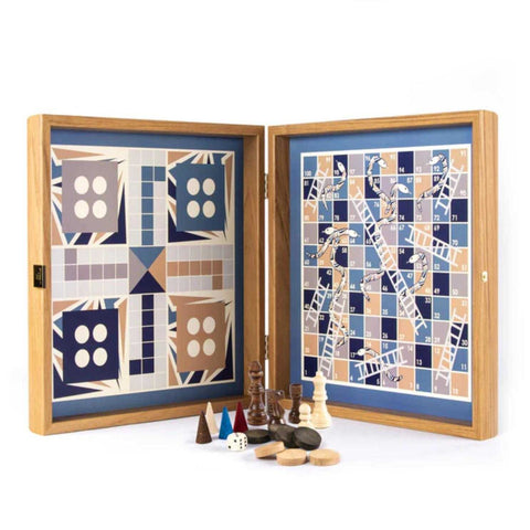 4-in-1 Combo Navy Blue: Chess, Backgammon, Ludo and Snakes by Manopoulos