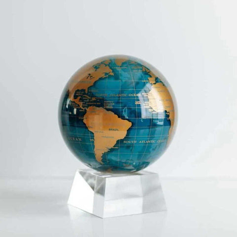 4 inch Globe Blue and Gold Globe on Crystal Base by Mova