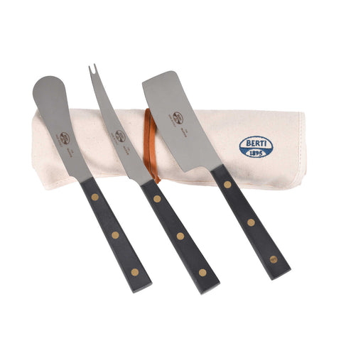 Black Lucite S/3 Cheese Knives, Grit Finish in roll-up by Berti