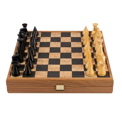 Chess Natural Cork Inlaid Chessboard With Ivory And Black Chessmen by Manopoulos