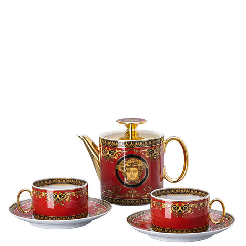 Medusa Red Modern Tea Set for Two (Incl.  Tea Pot & 2 Tea Cups/Saucers) by Versace