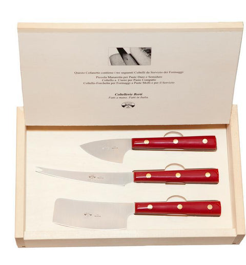 Red Lucite Three Cheese Knives, In Wood Box by Berti