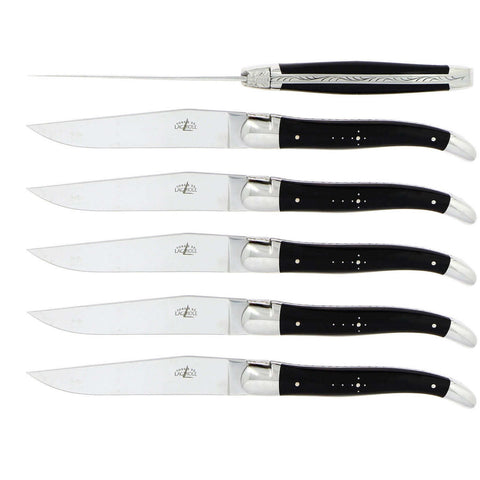Steak Knives Dark Horn Tip Stainless Steel Shiny Finish Set/6 by Forge Laguiole