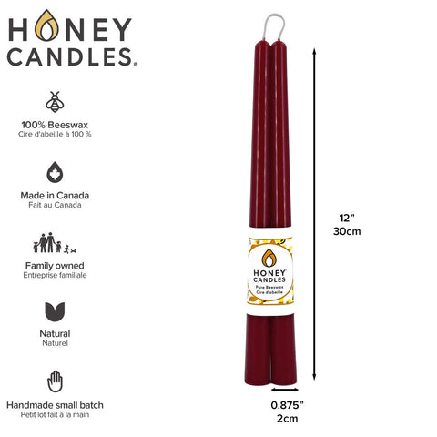Taper Pairs 12&quot Pure Beeswax 12'' Taper Pair- Burgundy by Honey Candles