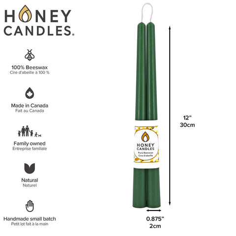 Taper Pairs 12&quot Pure Beeswax 12'' Taper Pair- Forest Green by Honey Candles