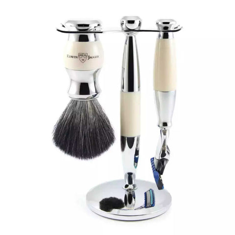The 36 Range 3pc Set, Gillette® Fusion® Proglide® Razor, Shaving Brush, Imitation Ivory, Black Synthetic Fibre With Stand, Chrome Plated by Edwin Jagger