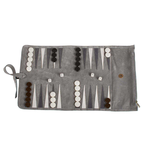 Travel Size Leather Backgammon Concrete Grey With White And Grey Points by Manopoulos