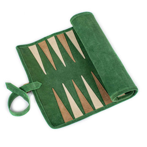 Travel Size Leather Backgammon Forest Green With Brown & Cream Points by Manopoulos