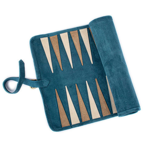 Travel Size Leather Backgammon Raf Blue with Beige & Cream Points by Manopoulos